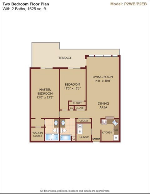 Floor plan for 2 beds, 2 baths, 1775 sqft